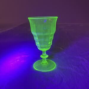 Vintage Green Uranium Glass Panel Optic Water Goblet Bright Glow Bnfts Charity